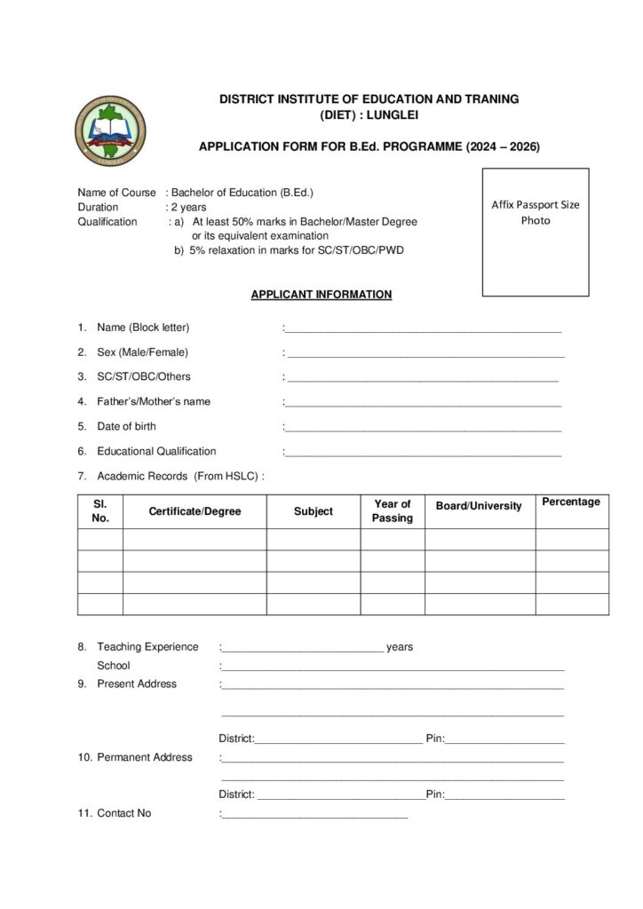 B.ed Admission Form 2024 › DIET, Lunglei